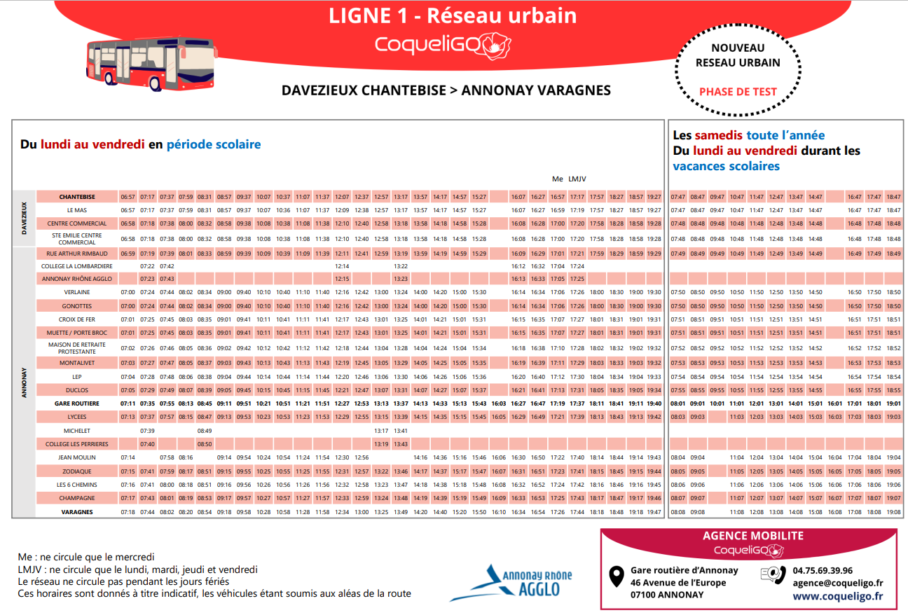 Horaires Ligne 1 réseau urbain